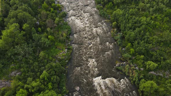High Above Drone Aerial View on Beautiful River with Rapids and Waterfalls