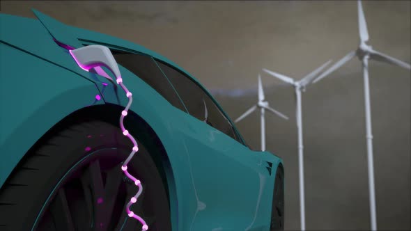 Generic electric blue car charging with  wind turbines in background