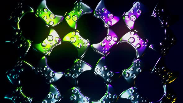 Animation Of Iconic Gaming Controllers Moving Around Dark Space Background alt