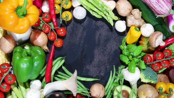 Frame of Fresh Organic Vegetables on a Black Background. alt