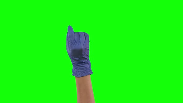 Touch Screen Finger Gestures. Woman Hand in Blue Glove. Green Screen. Chromakey. Hand Touching Like alt