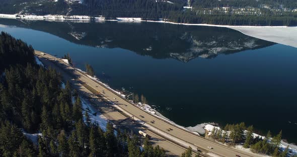 Interstate 90 Highway Traffic Crossing Snoqualmie Pass Lake Keechelus alt