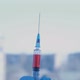 Shooting of Syringe Needle with Drop of Blood on the Background Windows in the City - VideoHive Item for Sale