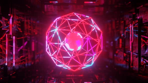 3d Object or Structure Rotates and Moves Inside Glass Mirror Tunnel with Neon Light Bright alt