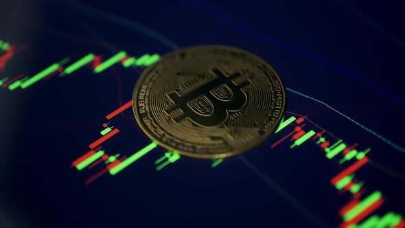 Golden Bitcoin Coin is Rotating on a Candles Chart Background alt