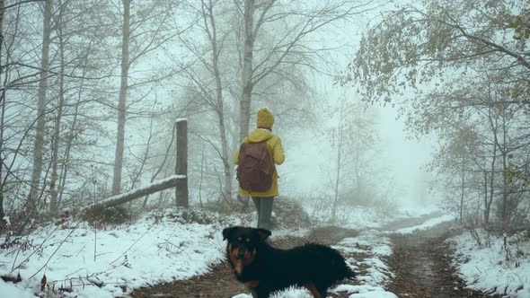 Hiking Woman with Backpack Walking with Dog By Trail in Winter Foggy Forest Covered Snow alt