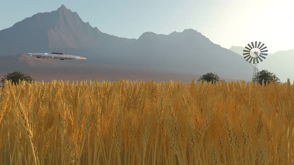 Flying saucer on a reconnaissance mission. Spaceship landing  in the crop field. alt