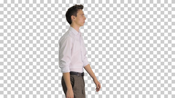 Young businessman in white shirt starts walking, Alpha Channel alt