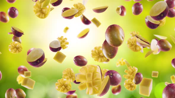 Mango with Slices Falling on Garden Background alt