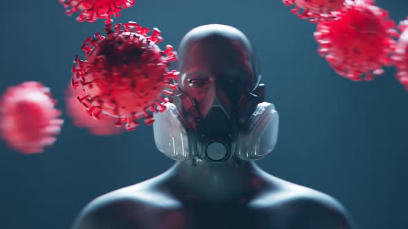 Wearing a mask to protect from attacking viruses. Concept of COVID protection. alt