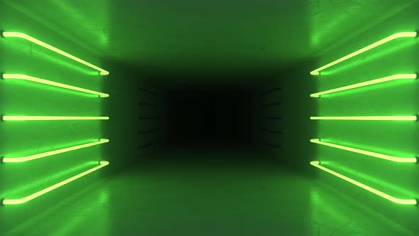 Abstract room interior with blue and green glowing neon lamps alt