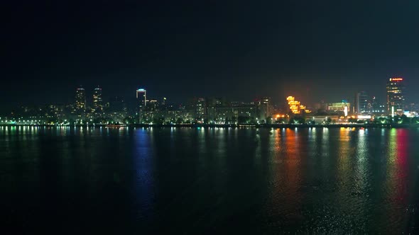 Big Beautiful Dnieper River in the Huge Night Bright City of Dnipropetrovsk in Ukraine alt