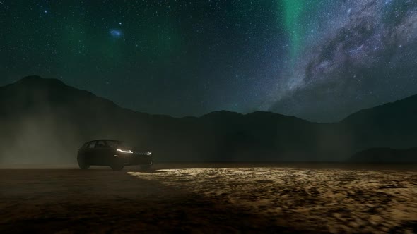 SUV Drives Through Mountain Terrain with Milky Way View