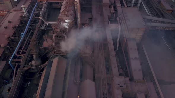 Drone Flight Over the Production Site of Steel Works and Smoke Stacks