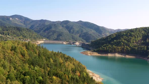 Aerial view at Zaovine lake from Tara mountain in Serbia