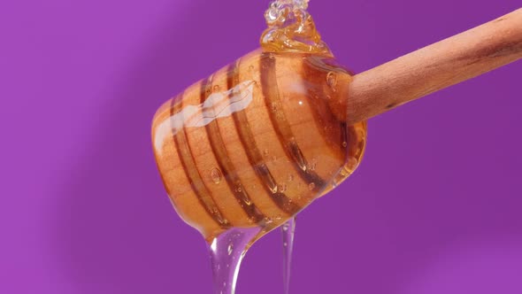 Close Up Fresh Fluid Honey Pouring and Flowing From Wooden Dipper Spoon alt