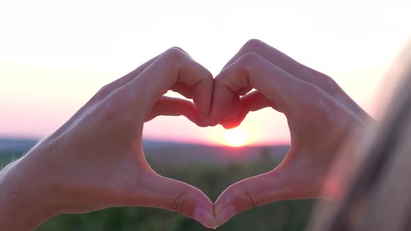 Show Hand Gestures Heart on Pink Sunset Background Love and Health Concept alt