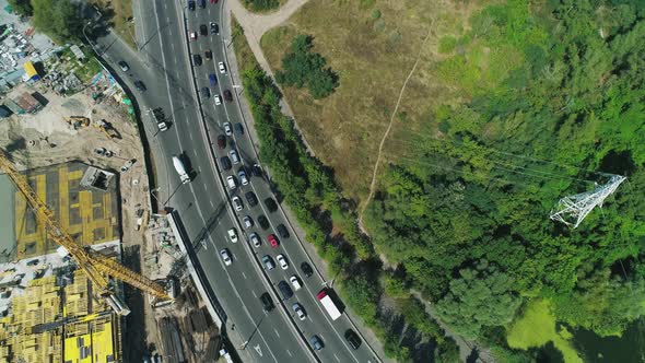 Aerial Drone Footage of Traffic Jam Along Busy Street in Kyiv