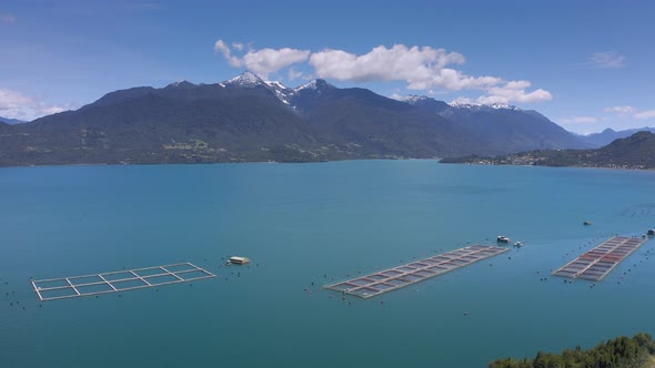 Aerial Salmon Farms at Reloncavi Marine Strait at Llanquihue National Park, Chile, South America alt