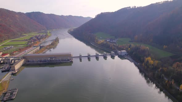 Hydroelectric Power Station Dam on a River Aerial View alt