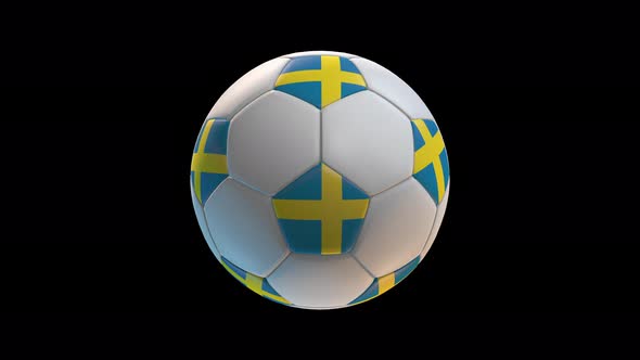 Soccer ball with flag Sweden, on black background loop alpha