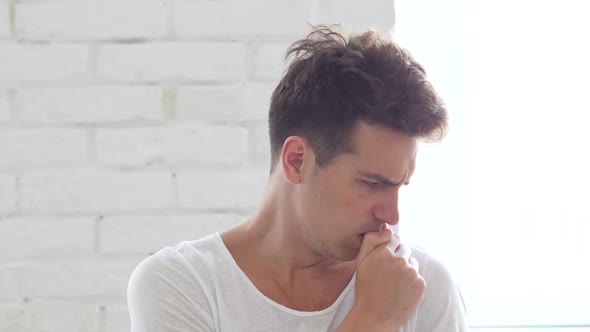 Portrait of Sick Man Coughing, Throat Soar alt