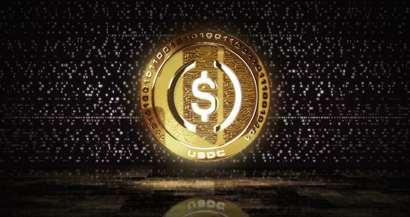 USDC USD Coin stablecoin cryptocurrency golden coin loop on digital screen alt