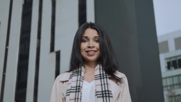 Happy Businesswoman Looking at Camera on Street. Business Lady Smiling Outdoors alt