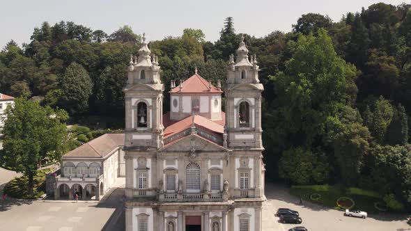 Close up of Church bell towers, Sanctuary of Bom Jesus do Monte, Braga. Aerial dolly out alt