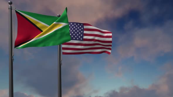 Guyana Flag Waving Along With The National Flag Of The USA - 2K alt