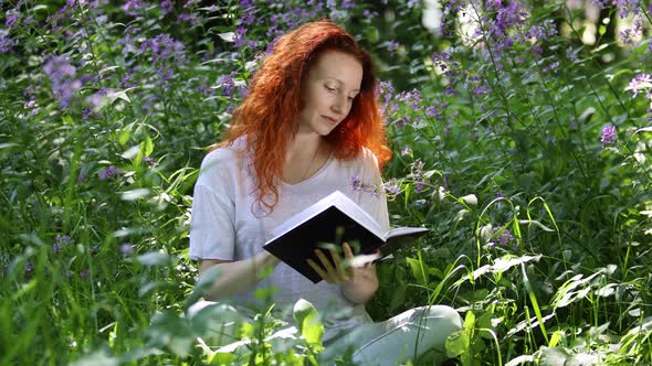 Redhead Woman With Notebook in a City Park
