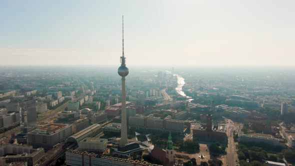 Establishing Aerial Panoramic View of Berlin Cityscape with TV Tower Germany