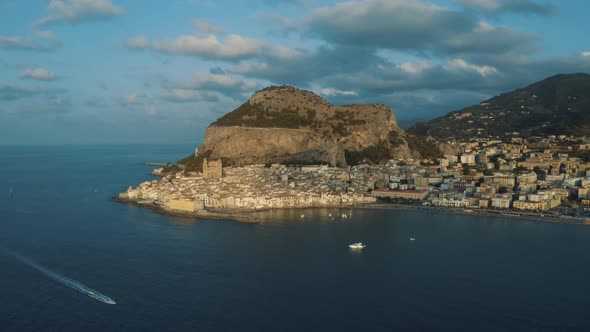 Aerial View of Cefalu during sunset in Island of Sicily Italy 4K
