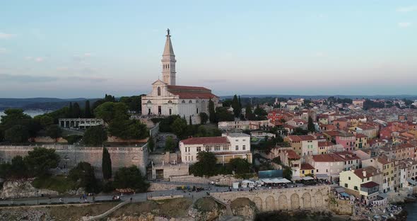 Aerial view of Rovinj old town at sunset, Istria, Croatia. alt