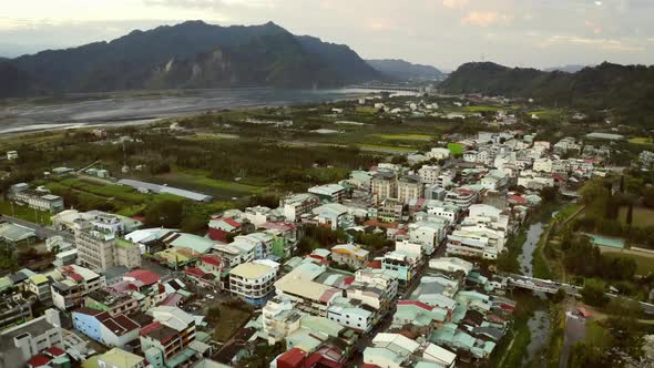 Aerial shot of a small town in central Taiwan alt