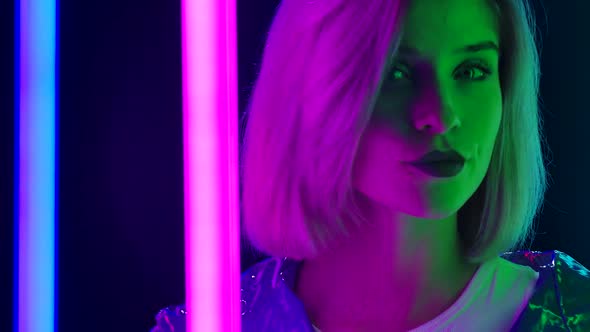 Portrait Young Stylish Sexual Blonde Pink Short Hair Poses Against Dark Studio Background Bright alt