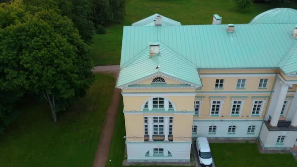 Stork on the Roof of  the Old Mezotne Castle. Aerial Dron Shot.