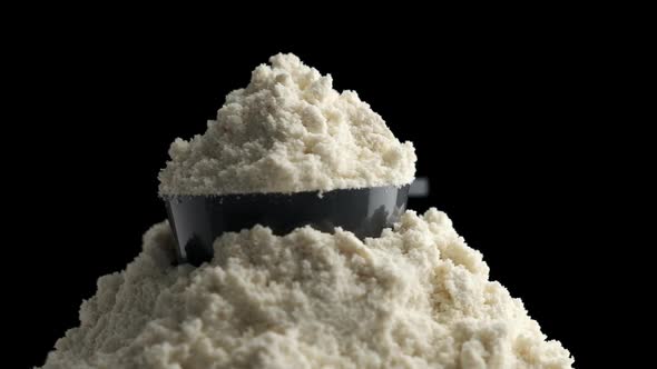 Circular Motion of Scoop with Protein Powder on Black Background