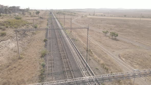 Aerial view of empty Railway lines in Samtskhe-Javakheti region of Georgia. alt