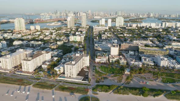 Miami South Beach Tropical Nature at Sunrise.  Aerial View on the Morning City alt