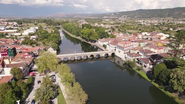 Ancient Roman stone pedestrian bridge across the Tâmega River, Chaves, Portugal alt