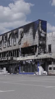 Vertical Video of a Bombed Shopping Center During the War in Bucha Ukraine alt