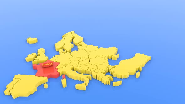 Map of Europe in yellow, focused on France in red with a map sticker