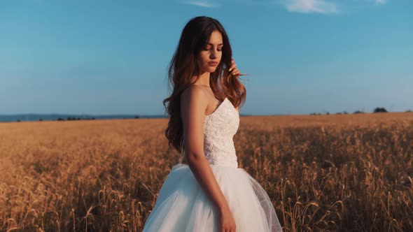 Beautiful Bride in Wheat Field on Sunset