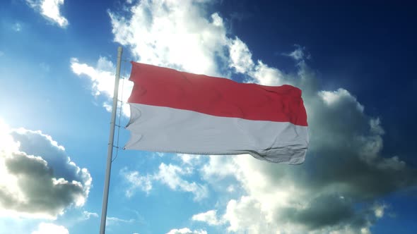 Flag of Indonesia Waving at Wind Against Beautiful Blue Sky alt