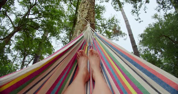 Child Kids Feet in Hammock in Forest, Summer Vibes alt