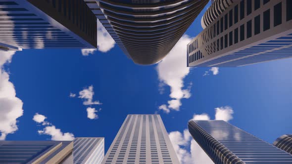 3d render of abstract bright city with skyscrapers. Simple forms of buildings in daylight. alt