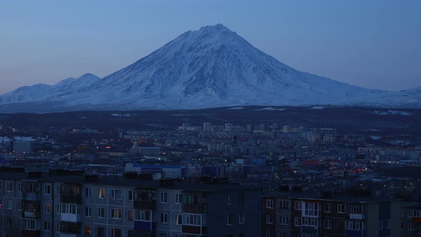 Urban Development of Petropavlovsk-Kamchatsky City On Background Cone of Volcano