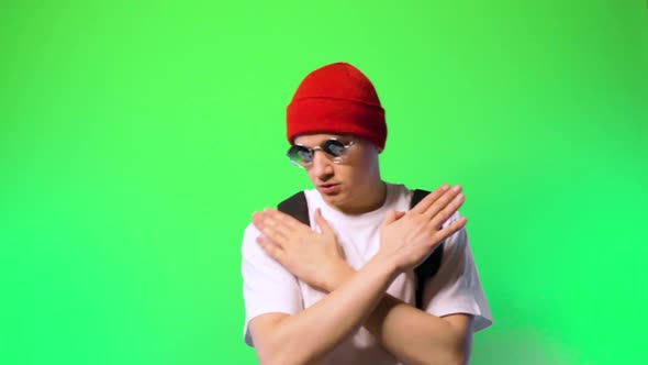 Young Man Hipster Dancing Red Hat Glasses Hiphop Chromakey