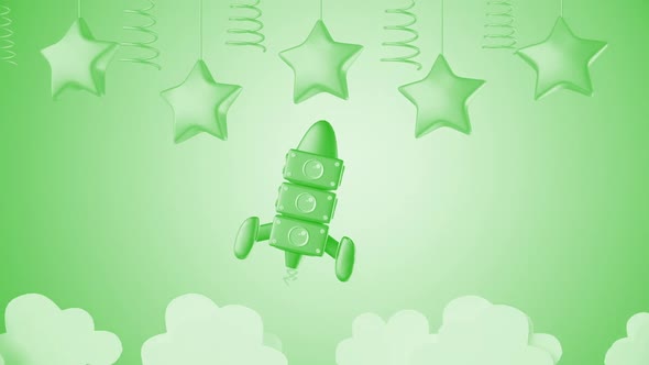 3d Cartoon Toy Rocket And Stars Green Kids Background